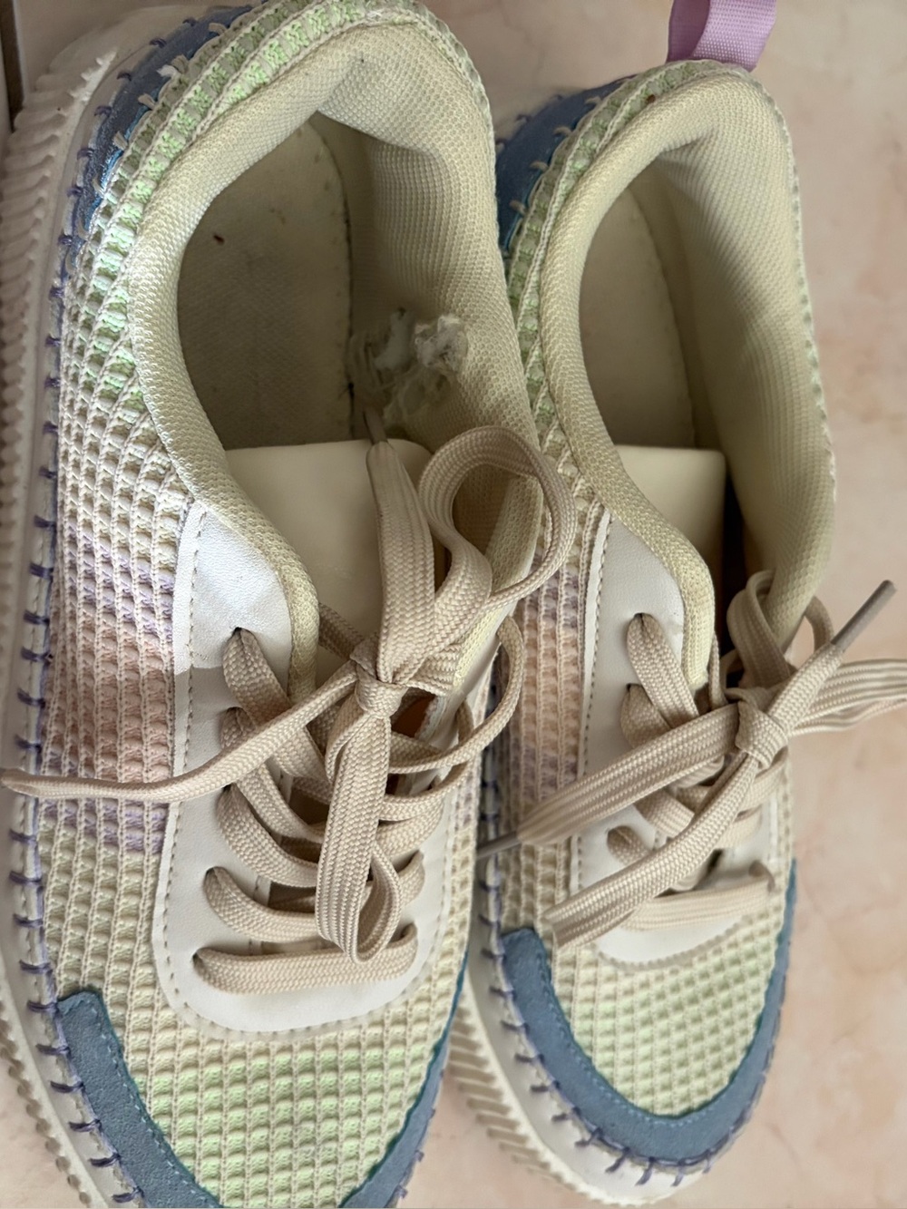 Neutral Beige Knit Sneakers with Pastel Accents
